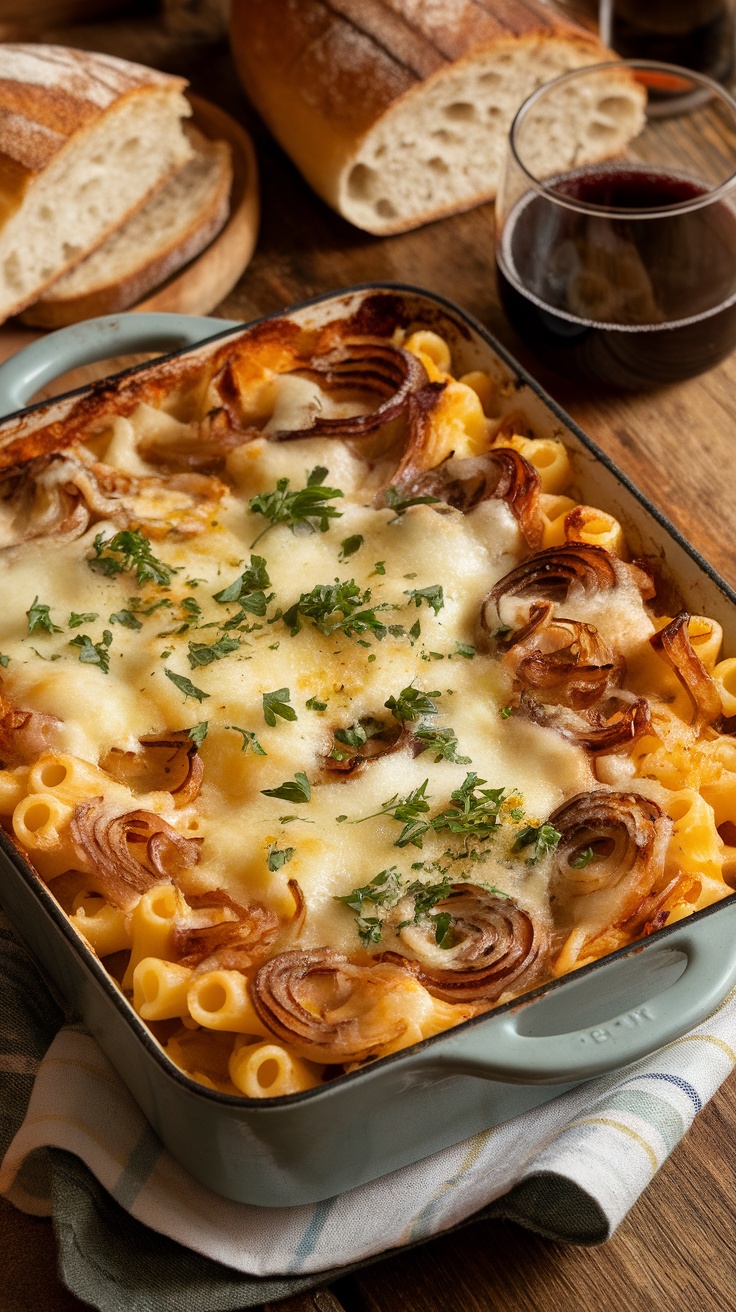 Creamy French onion pasta bake with melted Gruyere cheese and caramelized onions on a wooden table with bread and wine.